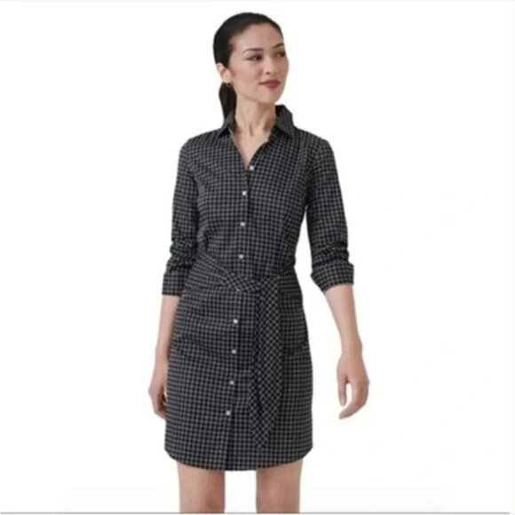 UntuckIt Mikael Black and White Pattern Long Sleeve Cotton Blend Shirt Dress, 14 - Picture 1 of 10